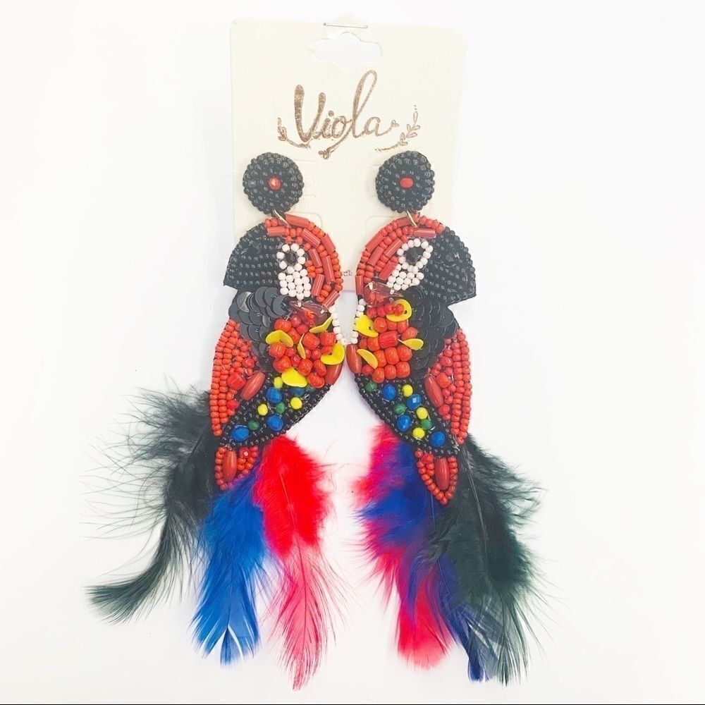 Bohemian Parrot Beaded Feather Drop Earrings